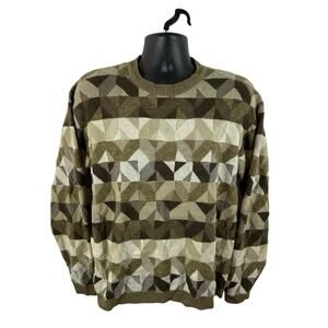 Vintage Geometric Print Wool Blend Crew Sweater Knit Brown Large Crazy Horse